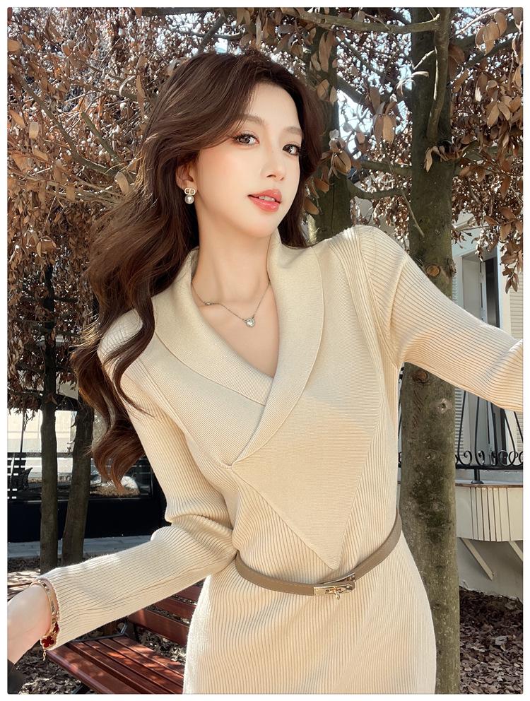 Elegant French Knit Bodycon Dress: Autumn/Winter Long Sleeve Wool with Lapel