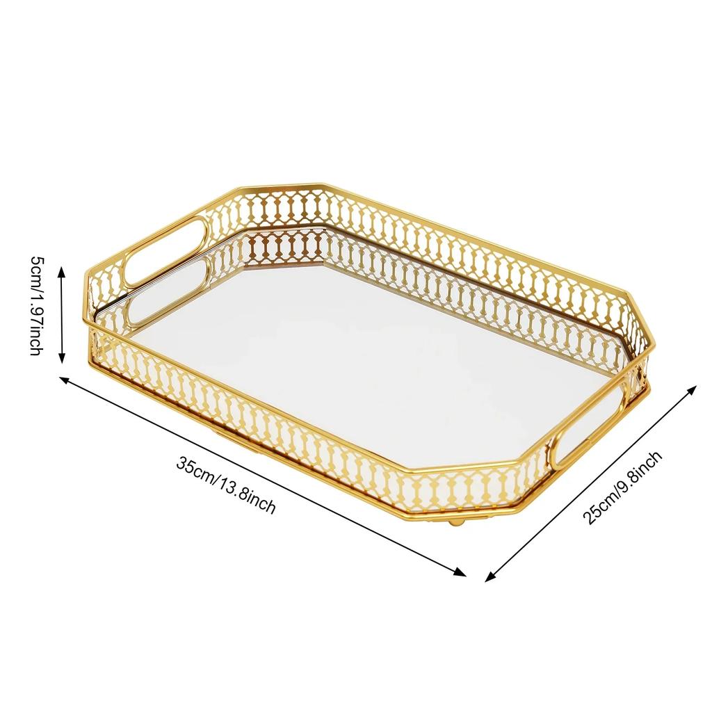 Gold Decorative Tray, Rectangular Desktop Serving and Vanity Tray, Modern Iron Electroplated Glass Tabletop,Home Decorative Tray