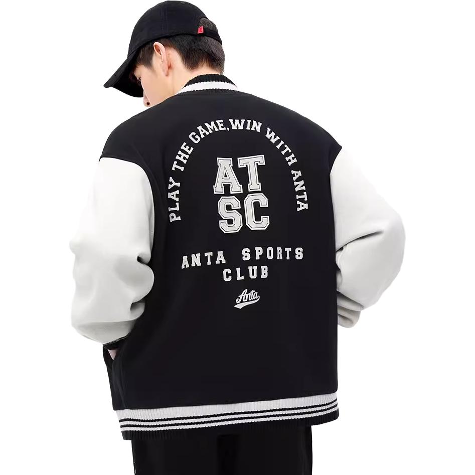 Anta Life Series Letter Splicing Single-Breasted Thickened Fleece Baseball Jacket Men Jacket Basic-Black 152348726-3