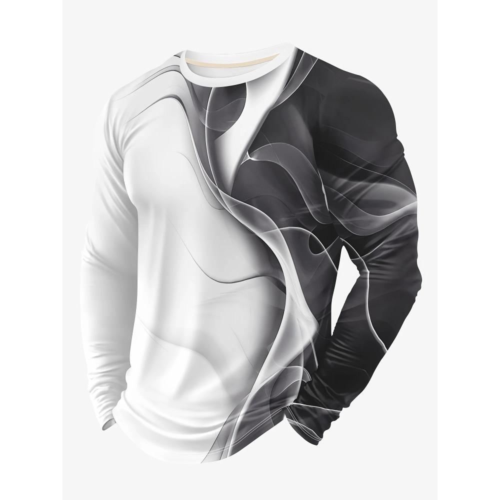Minimalist Gradient 3D Digital Printed Men's Casual and Comfortable Round Neck Long Sleeved T-shirt