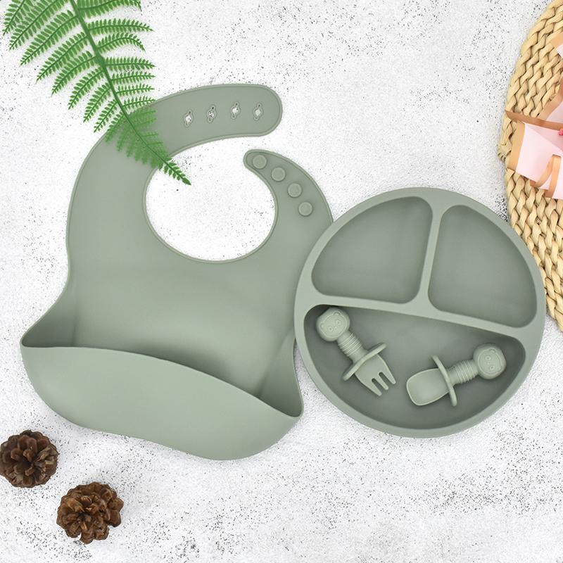 Baby-Fütterungsset aus Silikon, Babygeschirr, BPA-frei, leicht zu reinigen, Kindergeschirr, wasserdicht, Löffel und Lätzchen, Kinder-Trainingsset