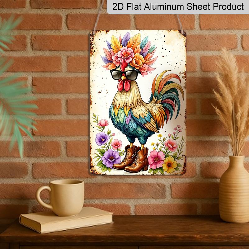 2D Flat - Cool Rooster with Sunglasses & Flowers Metal Sign - Funny Farmhouse Decor Durable Aluminum Material 8*12 Inches Farmhouse Kitchen Wall