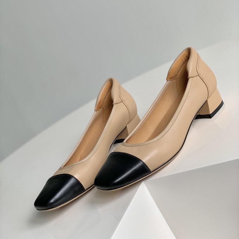Luxuriöse Handgefertigte Damen-Flats aus Echtem Lammleder - Farbblock-Design mit Quadratischer Spitze und Mittlerem Klobigen Absatz