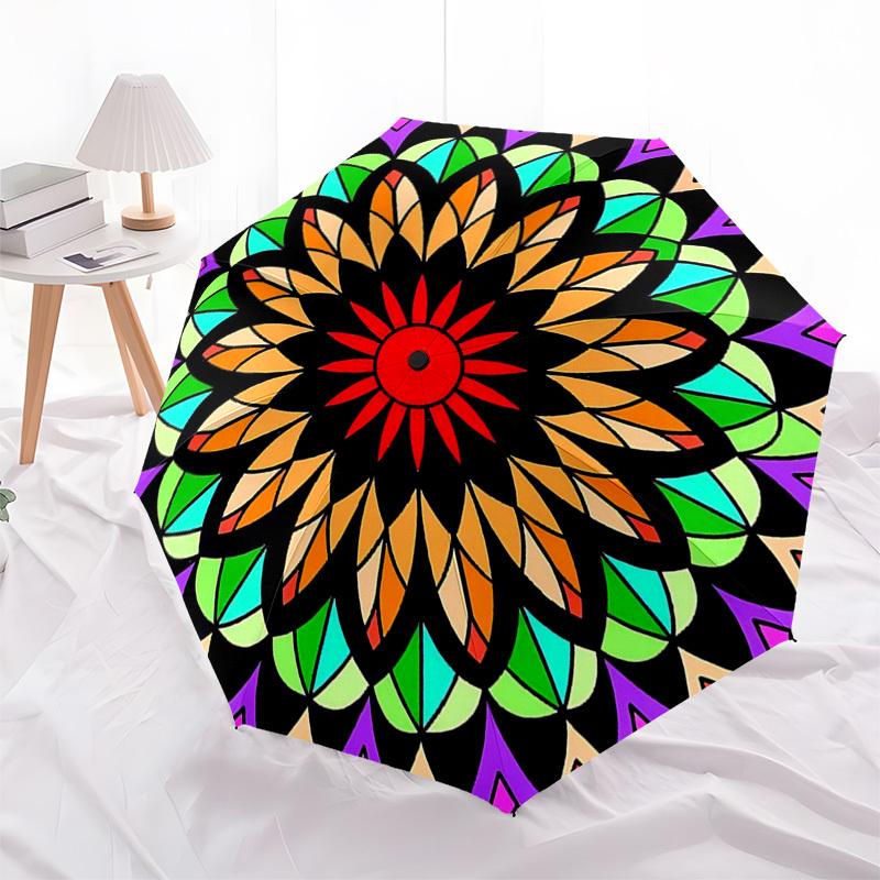 1pc Colorful Mandala Pattern Automatic Folding Umbrella - Portable 3-Fold Design, 8-Bone Iron Frame Outdoor Umbrella, Ideal Gift for Fans, Travelers,