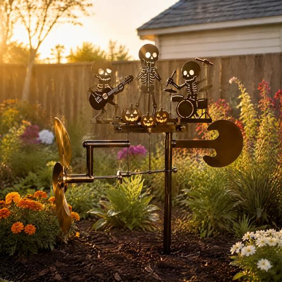 Roterande Metallpåle Halloween Skelett Rocktrio Vindsnurra, Handgjord Kinetisk Trädgårdsskulptur Gård Gräsmatta Prydnad för Utomhusdekor, Unik Musikalisk