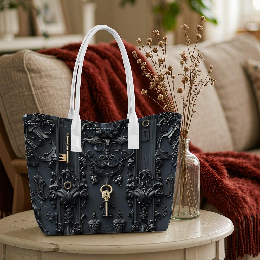 Elegant Dark Embossed Pattern Tote Bag Vintage Metal Key Decor Fashionable Daily Shopping Shoulder Bag for Women