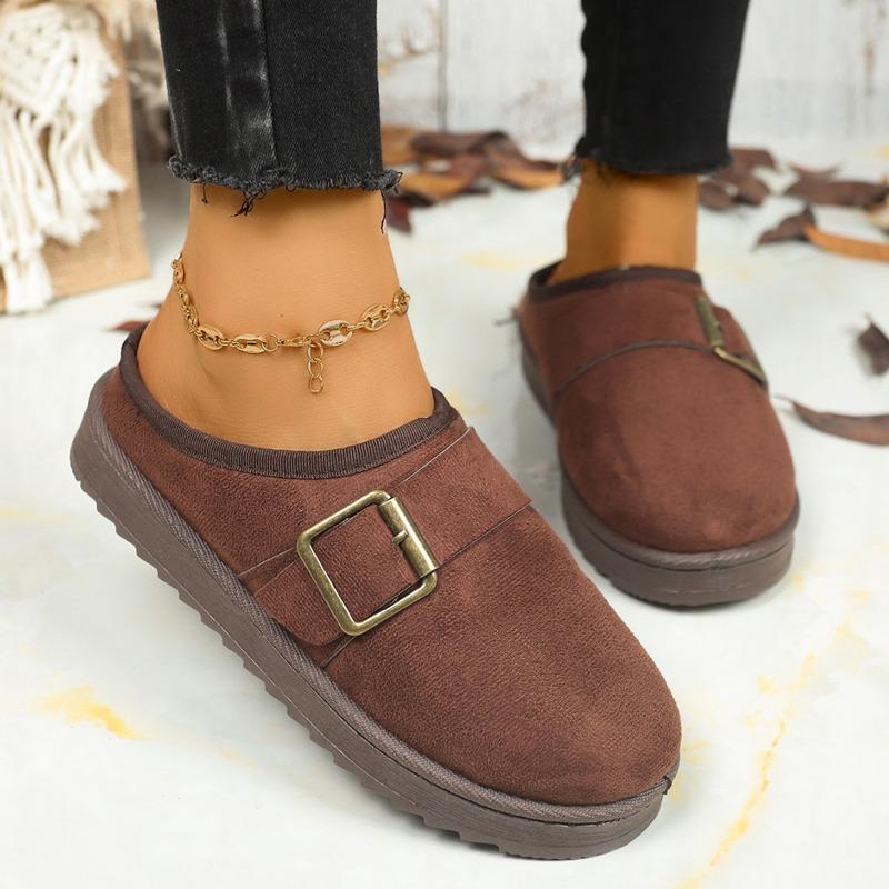 Fashion Cotton Slippers Winter New Round Toe Suede Deep Mouth Metal Slip Strap Fleece Non-Slip Platform Flats