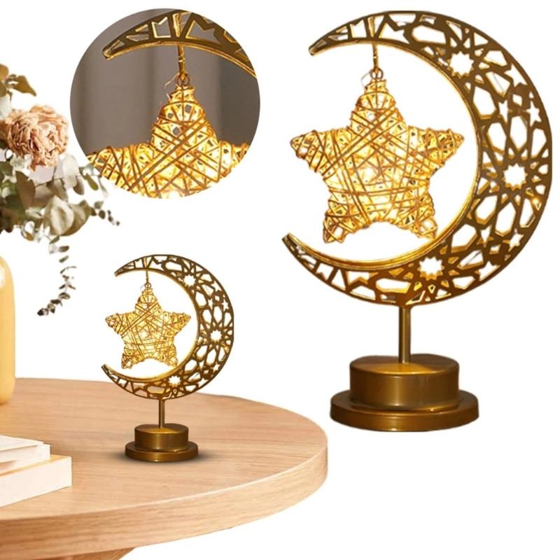 Eid Decors Moon Table Lamp Battery Operated Crescents Lamp Half Moon Light Metal Ramadans Star Lamp Home Decors