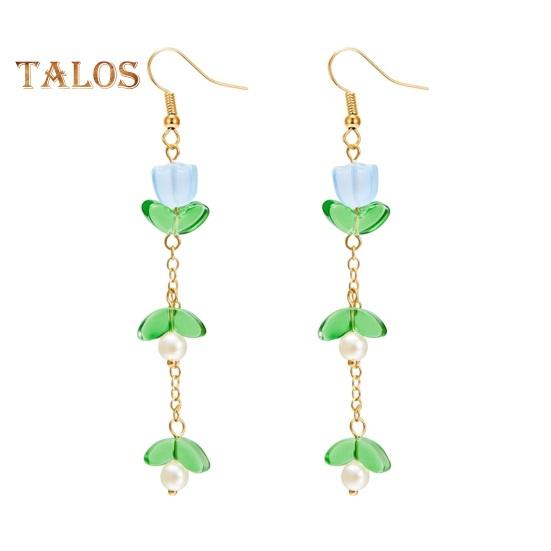1 Pair Women Hook Earrings Faux Pearl Tulip Shape Long Tassel Alloy Electroplated Ear Jewelry Lady Prom Cocktail Party Dangle Earrings Hanging