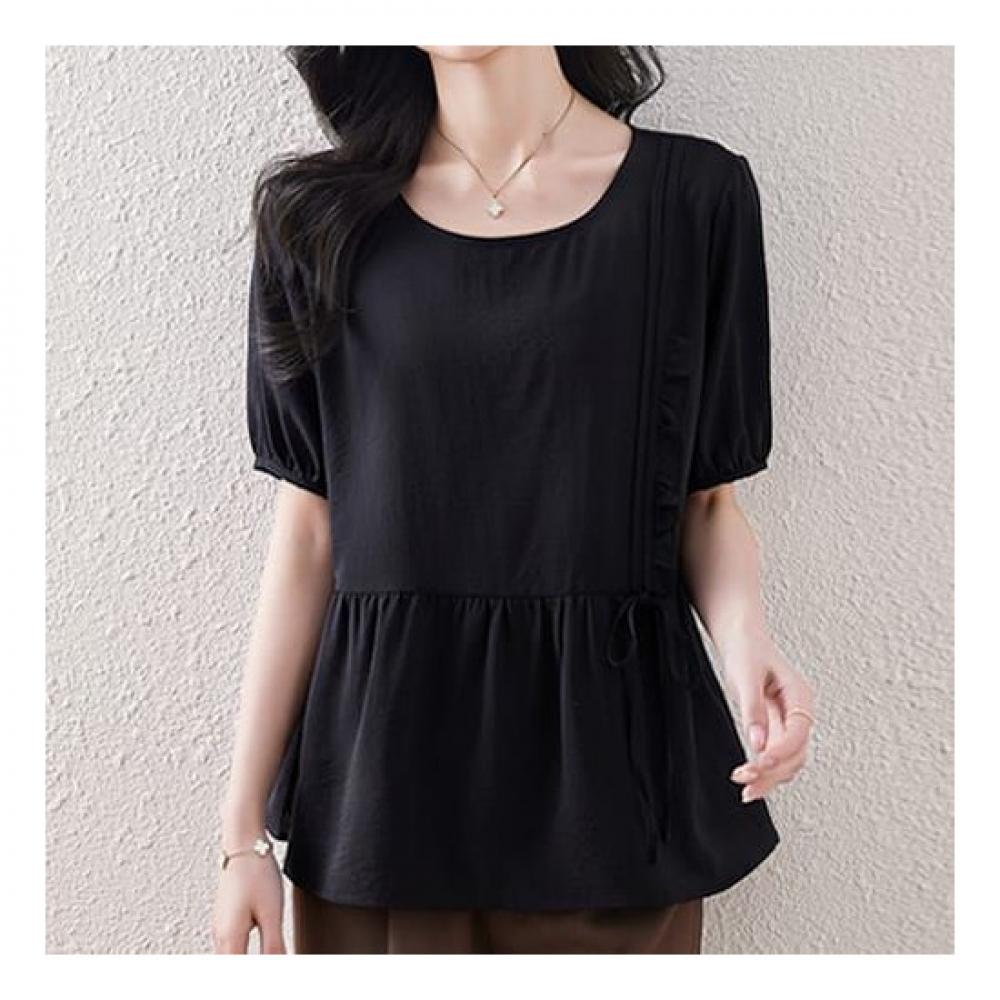 Navava Women Romantic Frill Solid Round Neck Short Sleeve Blouse Nb2250