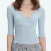 GlowGirl Elegant Pure Color Slim Fit Cross Collar Mid Sleeve T-Shirt Women's Summer Fashion Casual Cotton Blend V-neck Top