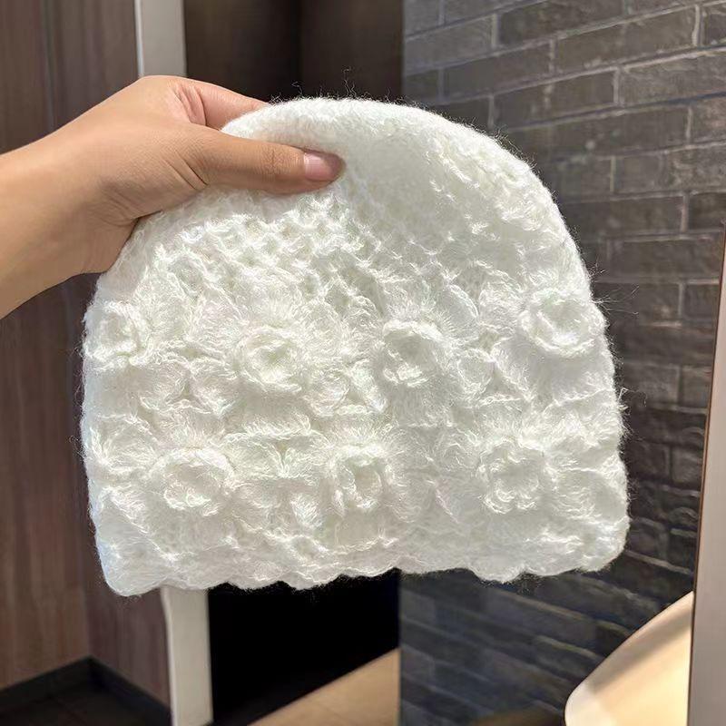 Double Layer Handmade Pullover Hook Flower Hat, Autumn and Winter Flower Knitted Yarn Hat, Warm Hollow Stacking Hat