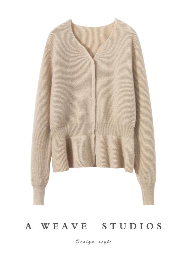 Korean Style Ruffle Hem Knit Cardigan - Women's Slim-Fit Waist-Cinching Outerwear for Autumn