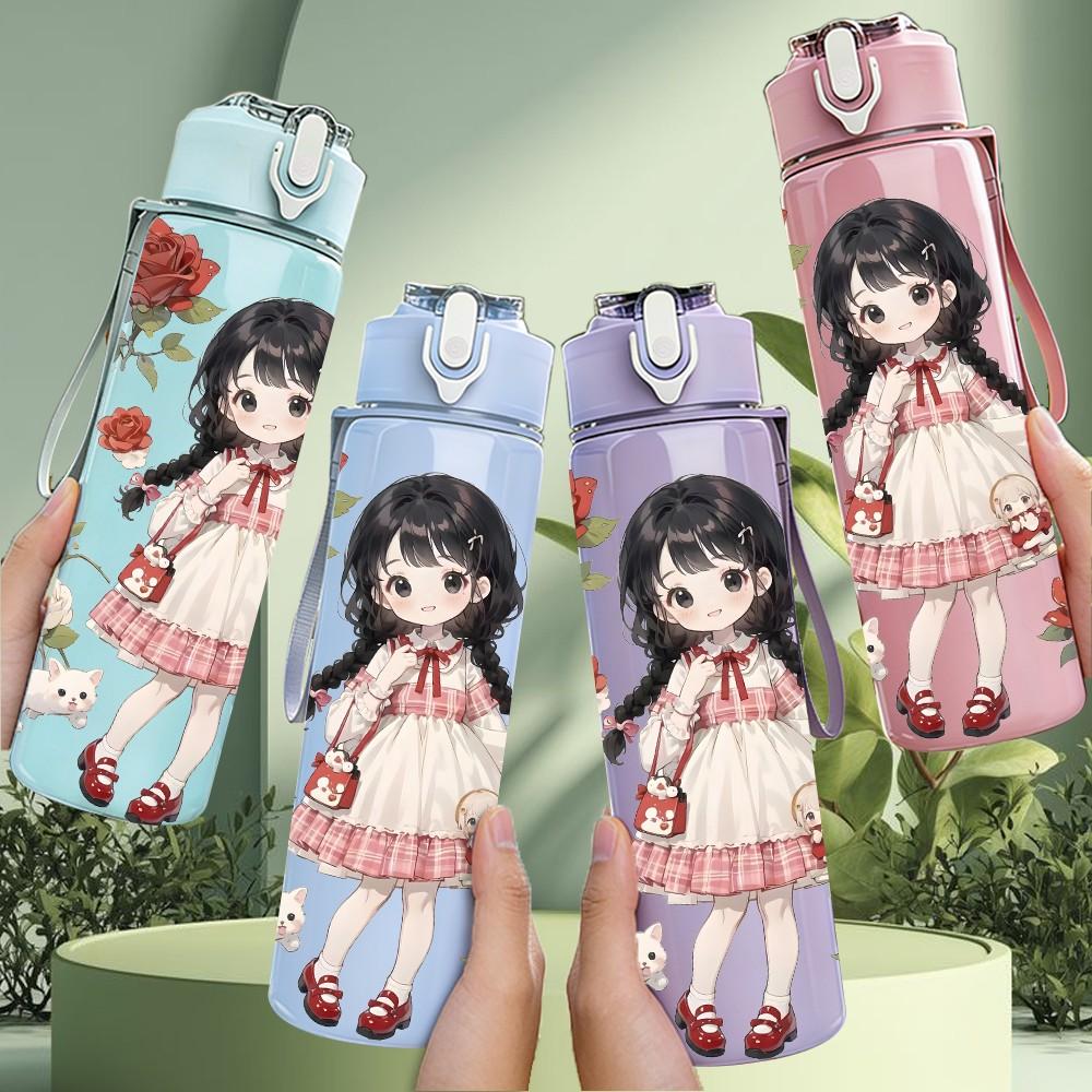 1PC White Dress Girl Red Flower Pattern 750ml Color Plastic Sports Water Bottle Leakproof Flip Straw Lid Suitable for Sports Office Home Use