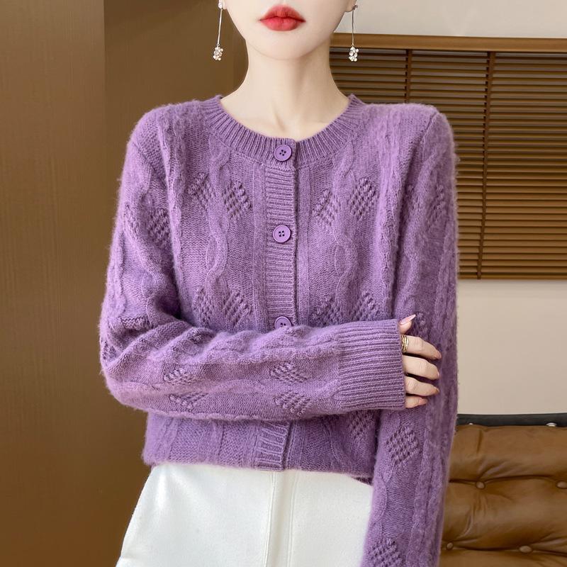 Round-neck Knitted Cardigan for Autumn and Winter, New Style with Twisted and Perforated Loose Thickened Coat