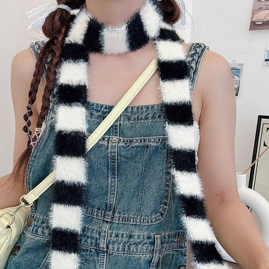 Y2K Girls Knitted Striped Scarf Winter Warm Neck Slim Women Long Scarves Fashion Streetwear Skinny Scarf Decorative Neckerchief