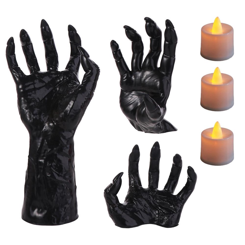 3Pcs Realistic Halloween Wall Mounted Devil's Hand with Candle Black Desk Lamp Holder Plastic Ghost Hand Storage Hook Bar