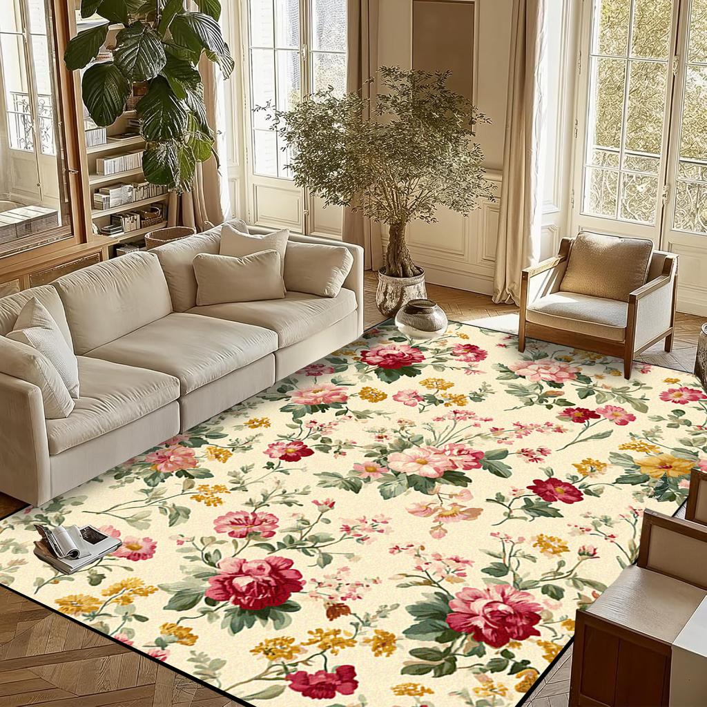 Retro Flower Living Room Carpet Non-slip Machine Washable Soft Floor Mat Nordic Style Plant Rugs Large Size Home Decoration Mats