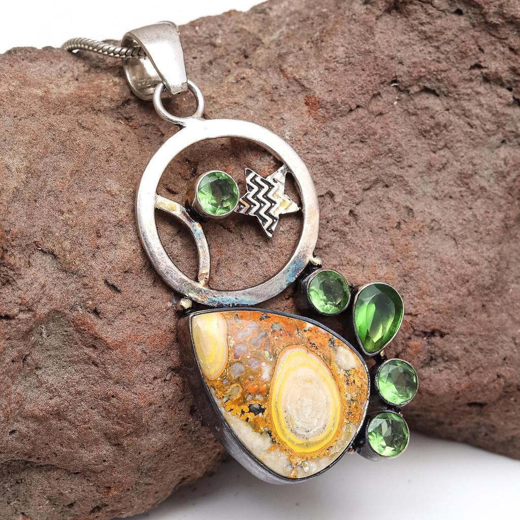 Bumble Bee Jasper Amethyst Gemstone Women's Silver Jewelry Pendant 2.75"