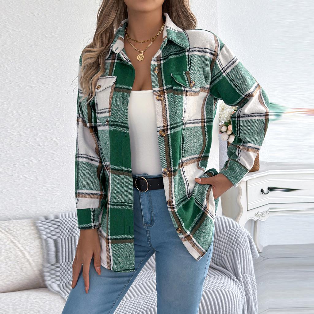 Women's Casual Plaid Fake Pocket Long-sleeved Woolen Mid-length Coat