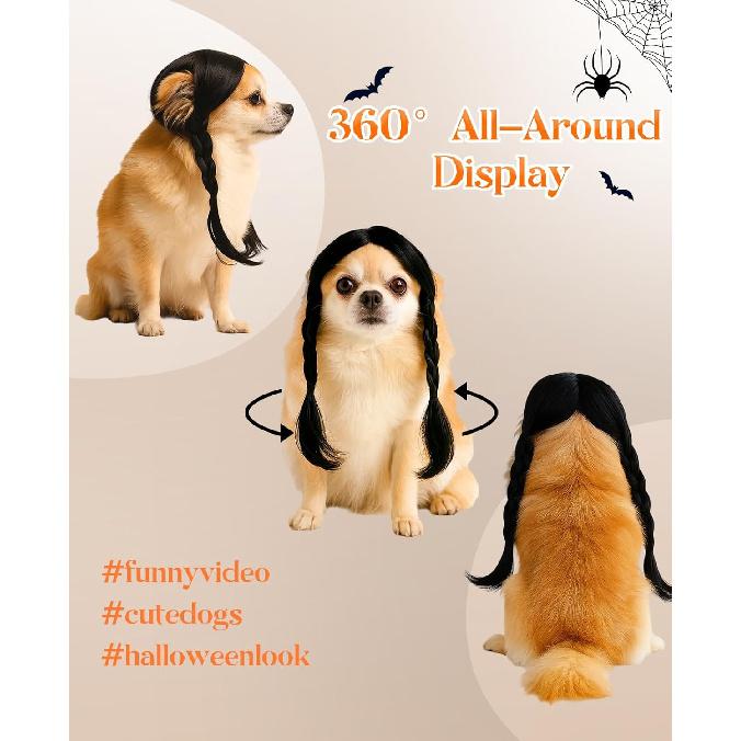 Swooflia Dog Wig - Black Long Braids Weds Pet Wigs for Small Large Medium Breed Dogs, Halloween Cosplay Costume Accessories for French English