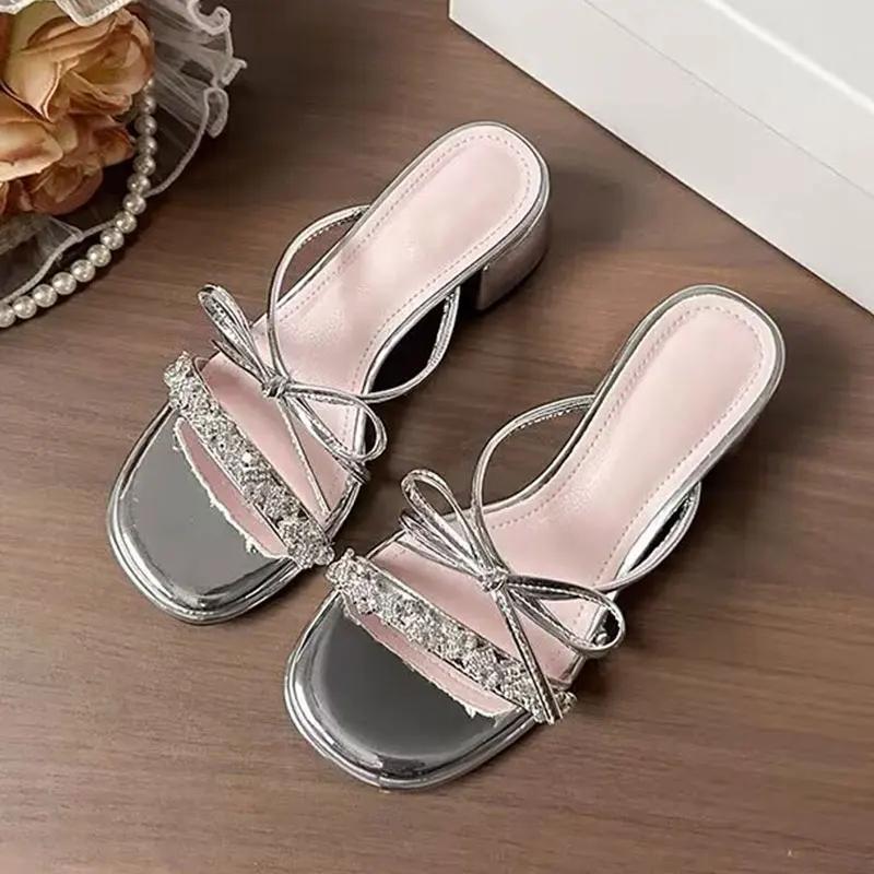 Shoes Slippers Women Summer Slides Heeled Mules Pantofle Jelly Flip Flops Fashion Square Heel High 2025 Glitter Luxury Block Cry