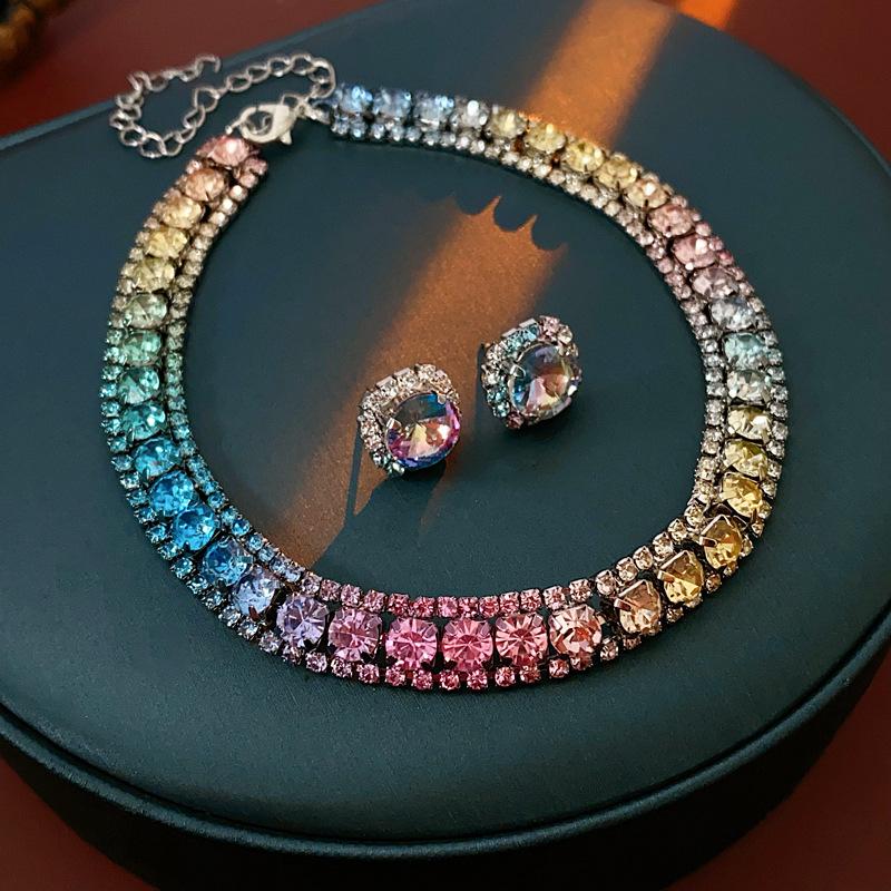 Luxury Multicolor  Choker Necklace Earrings Set For Women Women Shiny  Party Wedding Jewelry Set