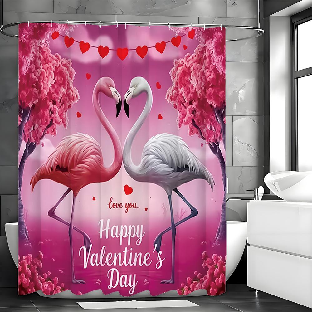 Valentine's Day Flamingo Pink Tree Shower Curtain, Bathroom Decorative Shower Curtain, Waterproof Shower Curtain with Hooks