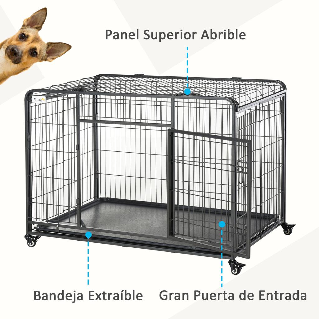 Dog Cage, Foldable Metal, for Large Dogs, 125 x 76 x 81 cm, Wheels, Dark Grey