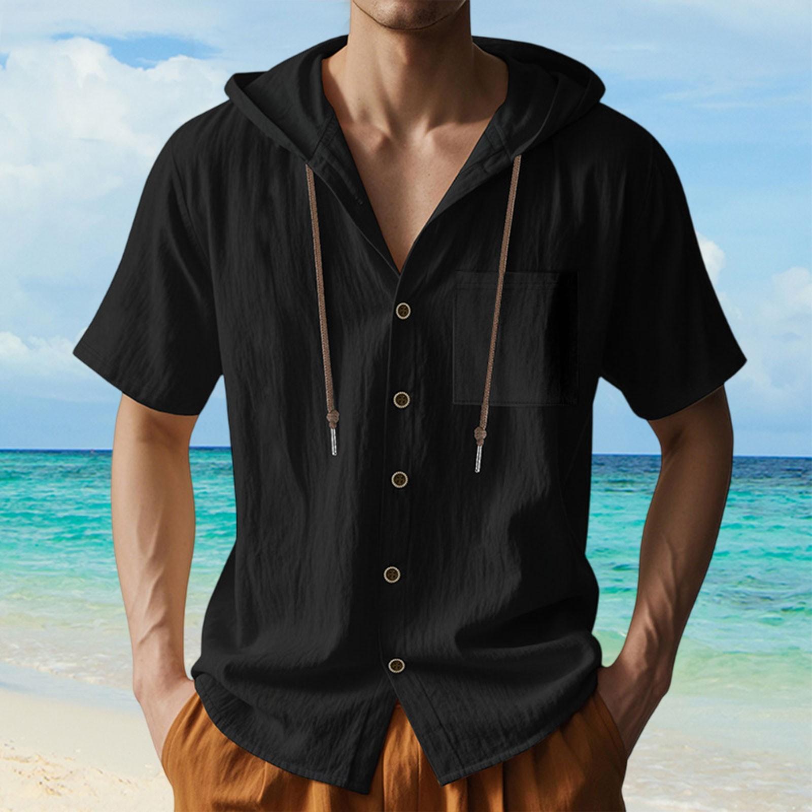 

Men s Linen Quick-Dry Hoodie Shirts Summer Casual Loose Breathable Button-Down Short Sleeve Hoodies M чорний