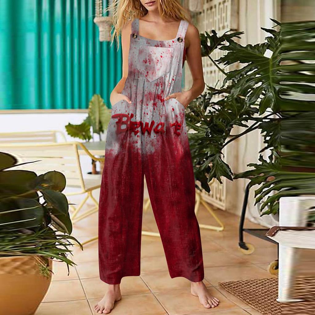 Women's Fashion Halloween Print Casual Vintage Sleeveless Button Jumpsuit