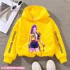 Stylish long sleeve kids hoodie with modern pop art girl illustration print, loose comfy fit for school and weekend family outdoor trips in cool fall.