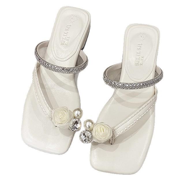 Open-toed Thick Middle-heeled Sandals for Women's Summer Wear 2025 New High-end Rose Toe Rhinestones with Slippers