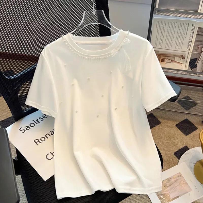 Sweet Bead Bow Short-sleeved T-shirt for Women In Summer Korean Style Versatile Top
