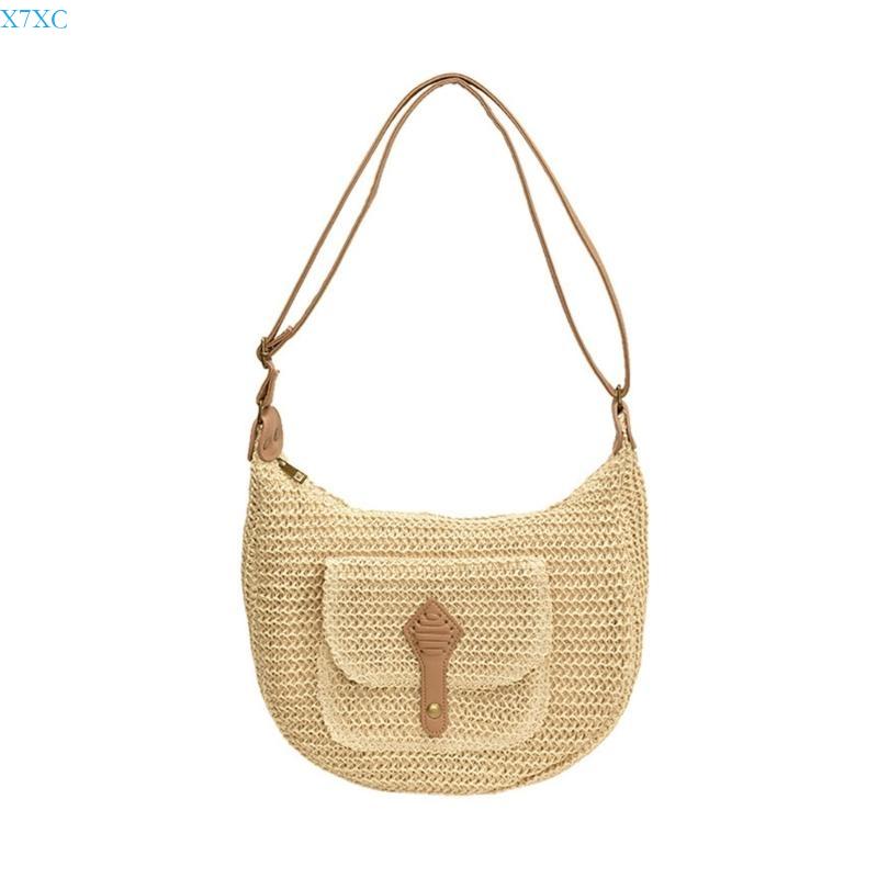 X7XC Women Straw Beach Bag Handmade Bag Simple Shoulder Bag Crossbody Bag Woven Vacation Bag for Daily Travel