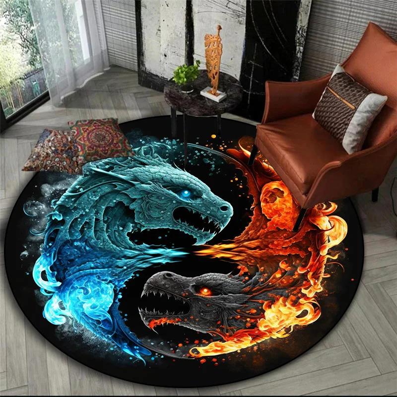 Mytická zvířata kulatý koberec – tygr, drak, lev se stromem života, fantasy koberec do obývacího pokoje, ložnice nebo meditačního prostoru