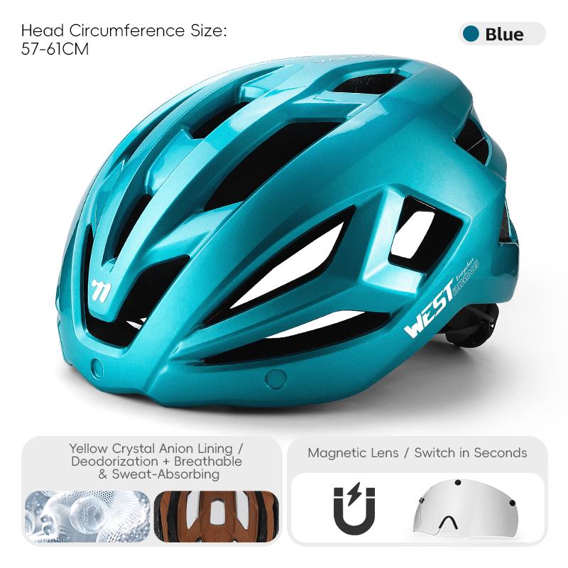 WEST BIKING Magnetic Goggle Bike Helmet Adults Integrated Visor Safety Cap Fit 57-61cm Lightweight Breathable Bicycle Helmets