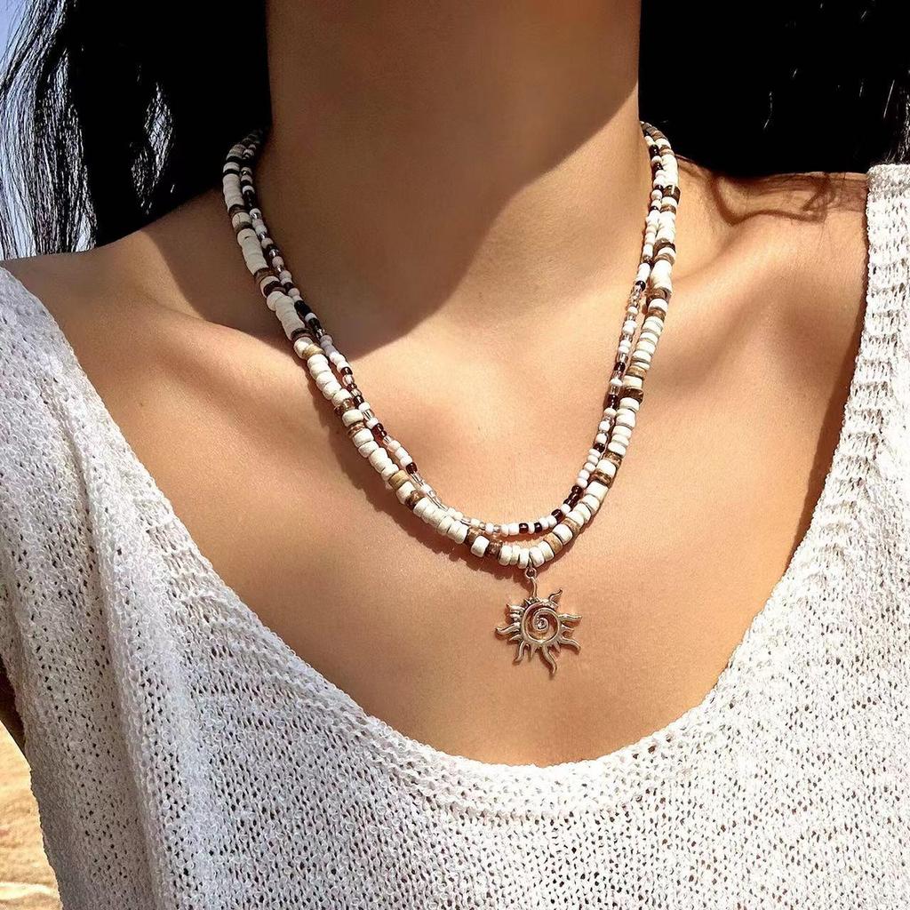 Stainless Steel Sun Pendant Coconut Shell Bead Necklace