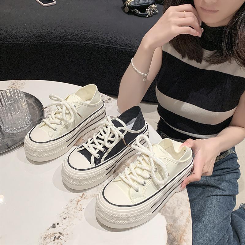 

High-value summer new thick-soled little white shoes for women, versatile and breathable half-drag student canvas shoes for women 35 бежевий