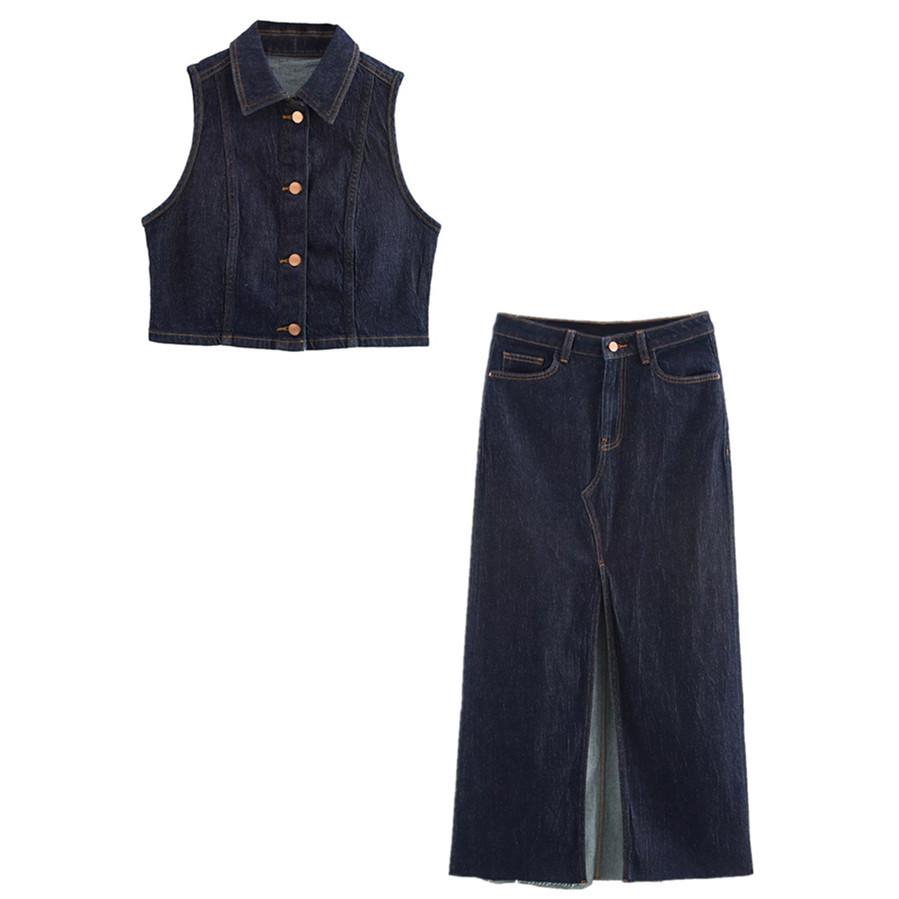 

2025 Spring Women s Slim Fit Denim Vest & Slit Skirt Set Small