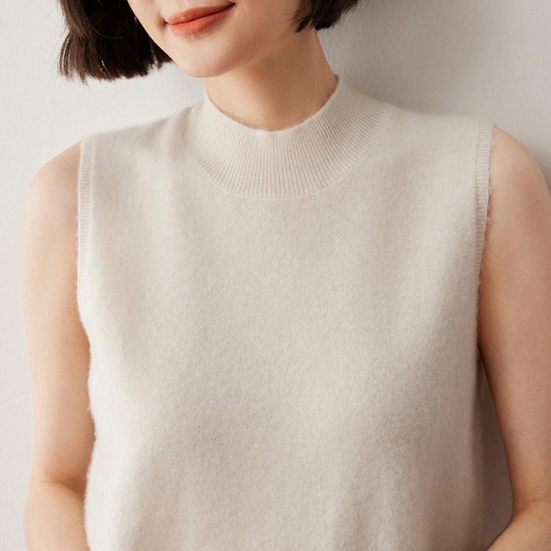 Women's Sleeveless Cashmere Wool Vest - Autumn/Winter High Neck Knit Sweater Base Layer