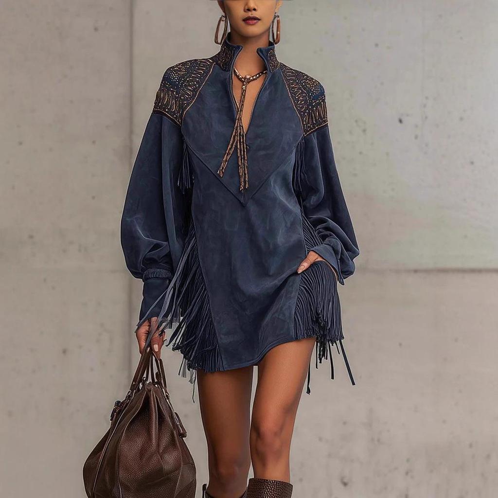 Europeisk & Amerikansk V-ringad Klänning med Broderade tofsar för Kvinnor - 2025 Stil