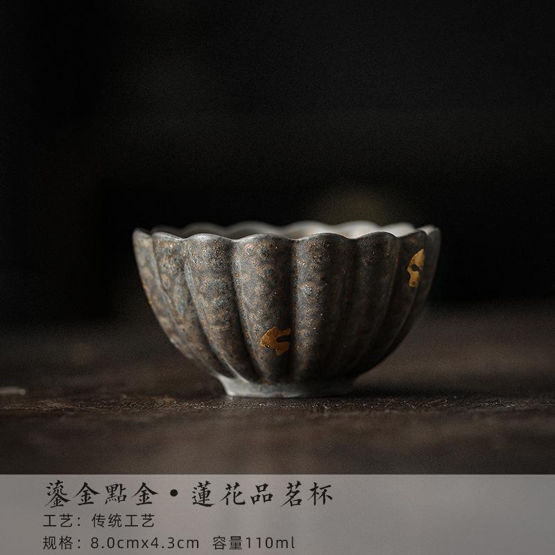 Handmade Gold Pointing Gilded Glazed Teacup Retro Ceramic Master Cup Tea Cushion Personal Single Tea Bowl Base Kung Fu Teaware