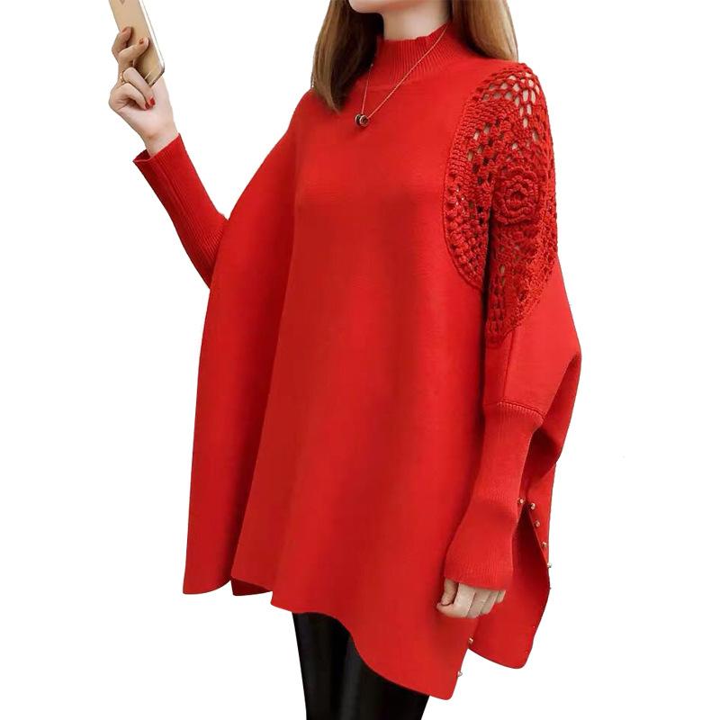 

Женский вязаный свитер с вырезом, свободный, с рукавами «летучая мышь», с высоким воротом, пончо, пуловер, трикотаж XXXL красный