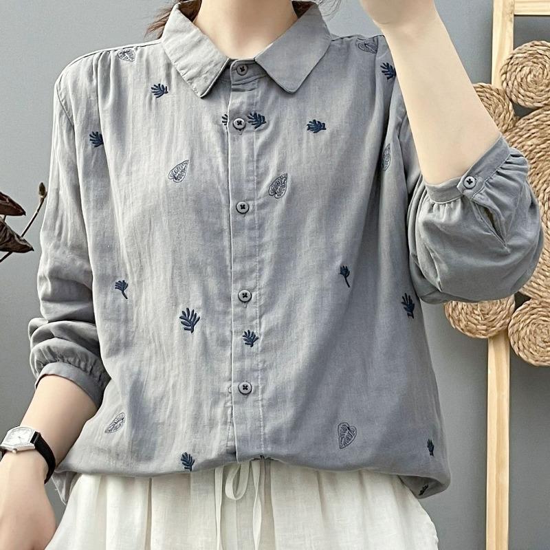 Women lapel leaf embroidery linen long sleeve shirt multi color loose casual bubble cuff button blousee