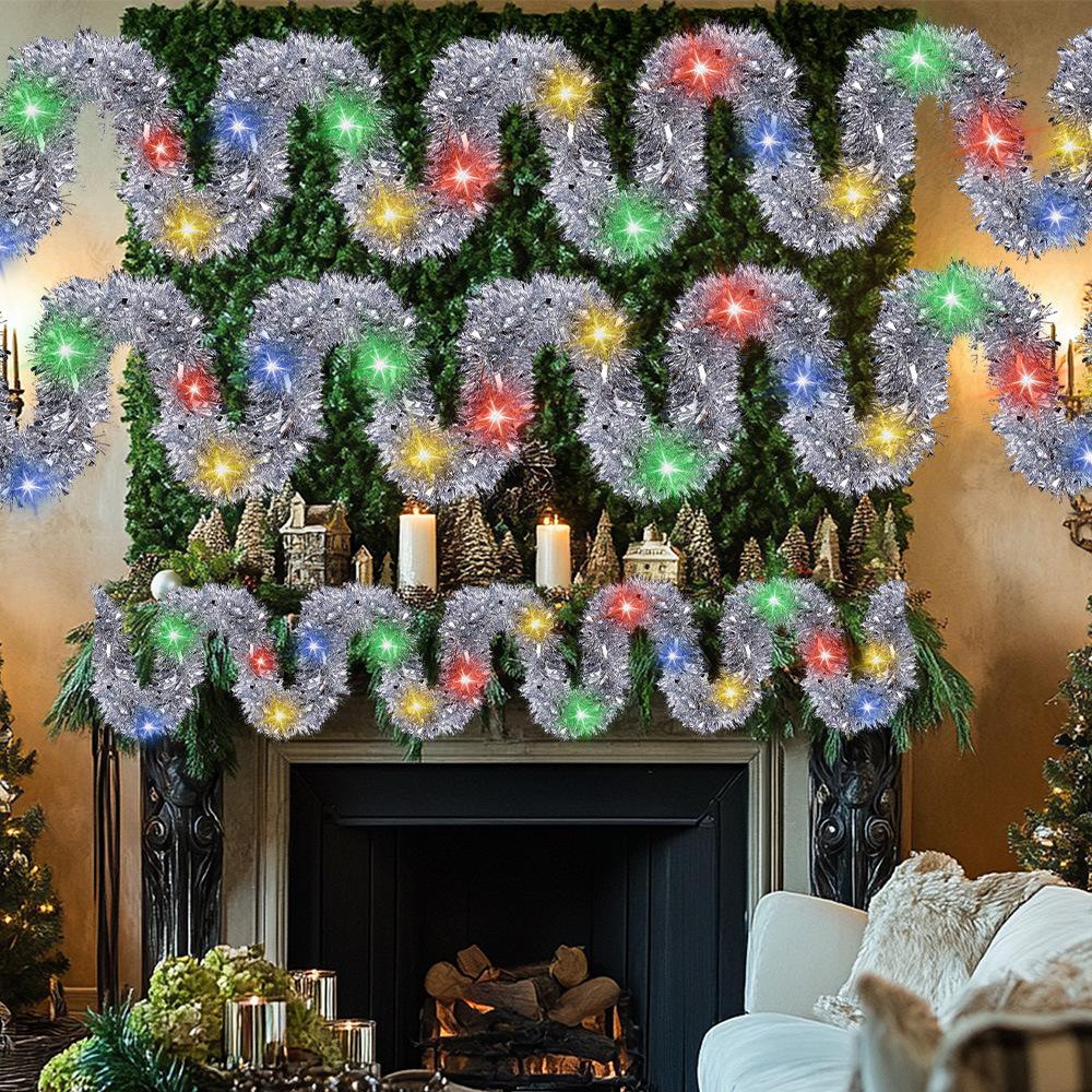 1 pz Ghirlanda di Festoni di Natale Metallizzata Lucida con 50 Luci LED Albero Spessa Decorazioni Pendenti per Festa di Natale Interno Esterno