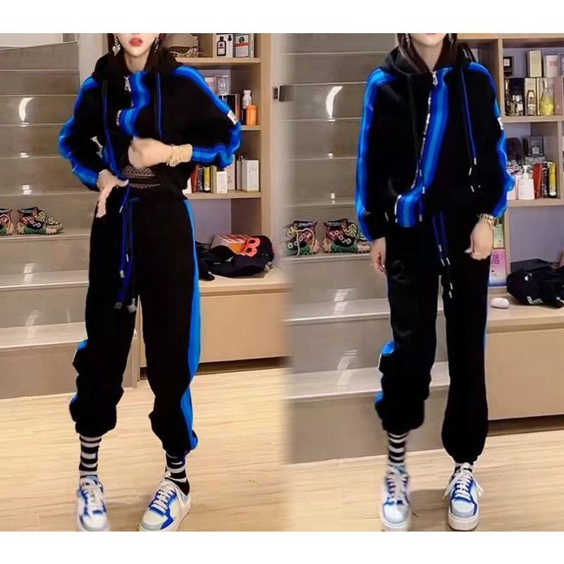 Casual Sports Fashion Suit for Women Spring and Autumn Loose Large Size Diagonal Zipper Two-piece Set