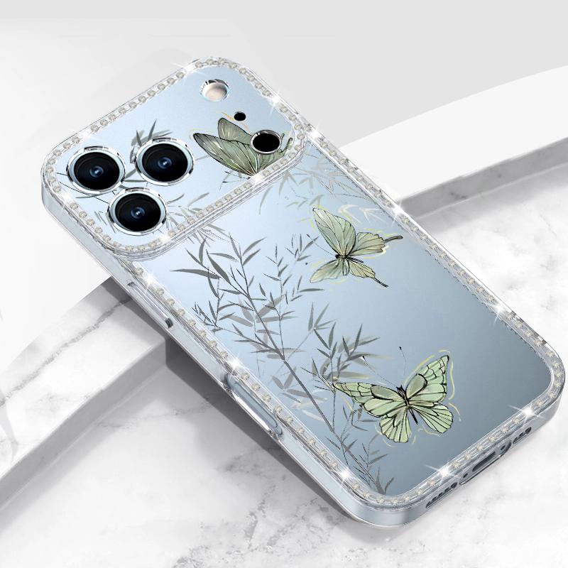 Diamond Case For iPhone 17 Pro Max Crystal Butterfly Print Clear TPU Silicone Soft Cover For iPhone 16 Pro Max 15 14 13 11