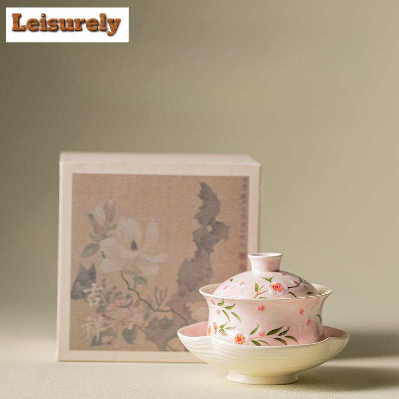 90ml Hand-painted Peach Blossom Gaiwan Handmade Tea Tureen Tea Bowl With Lid Kit Tea Brewing Cover Bowl Chinese Tea Set Gifts