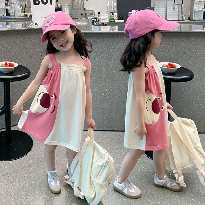 Girls Summer Spaghetti Strap Dress with Strawberry Bear Print Cute Princess 90